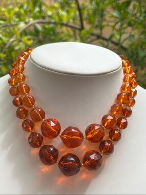 W. Germany Faceted Amber Acrylic Double Strand Necklace - Orange 15-17”